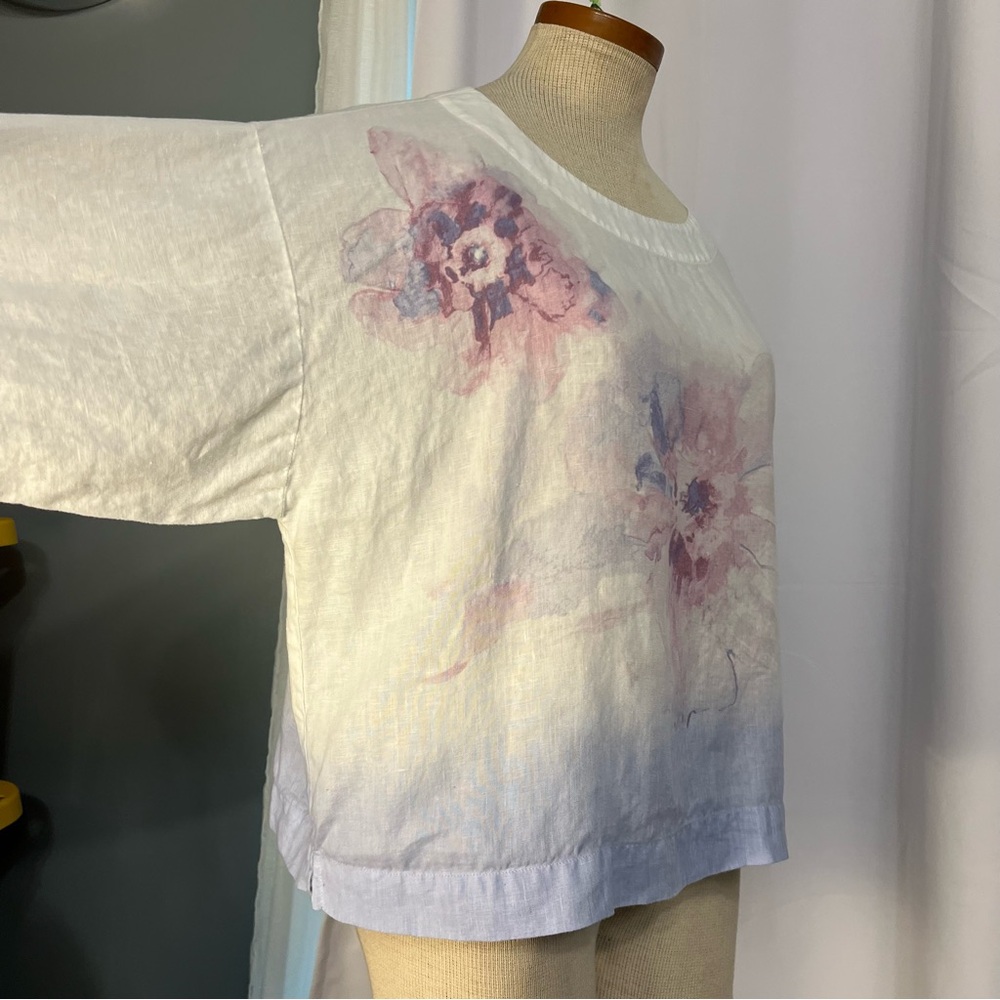 J Jill Linen White Floral Top Art to Wear 3/4 Sleeve Relaxed / Oversized  XS